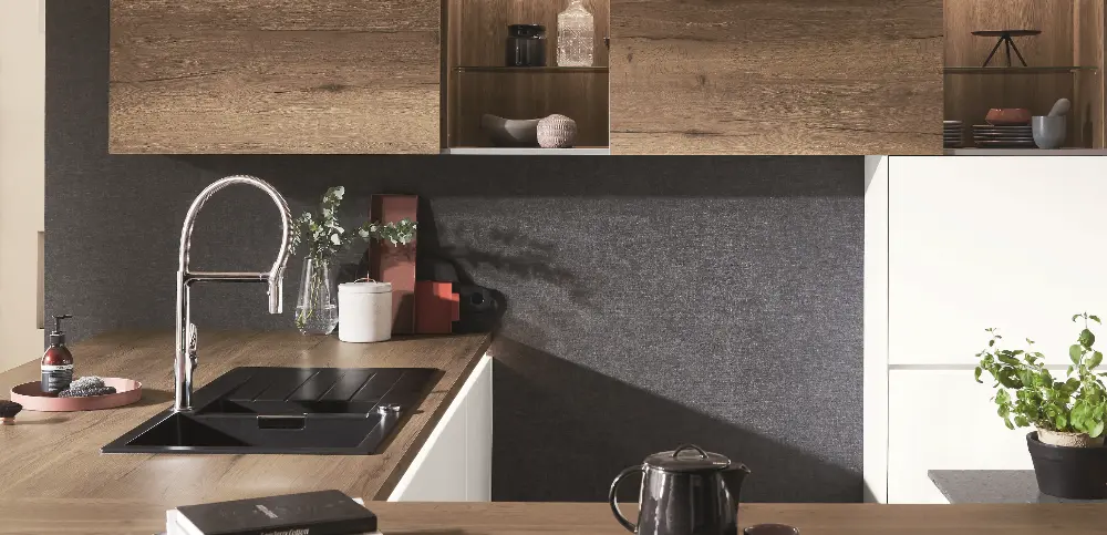 white/wooden kitchen with black sink white/wooden kitchen with black sink