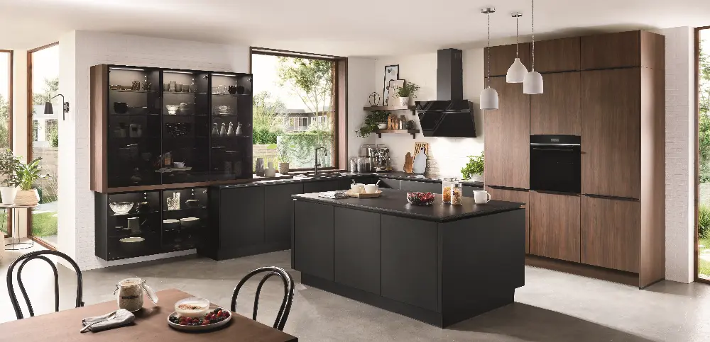Open kitchen with glass styled cabinets Open kitchen with glass styled cabinets