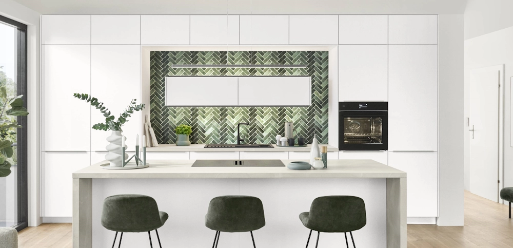 White kitchen with tall cabinet elements White kitchen with tall cabinet elements