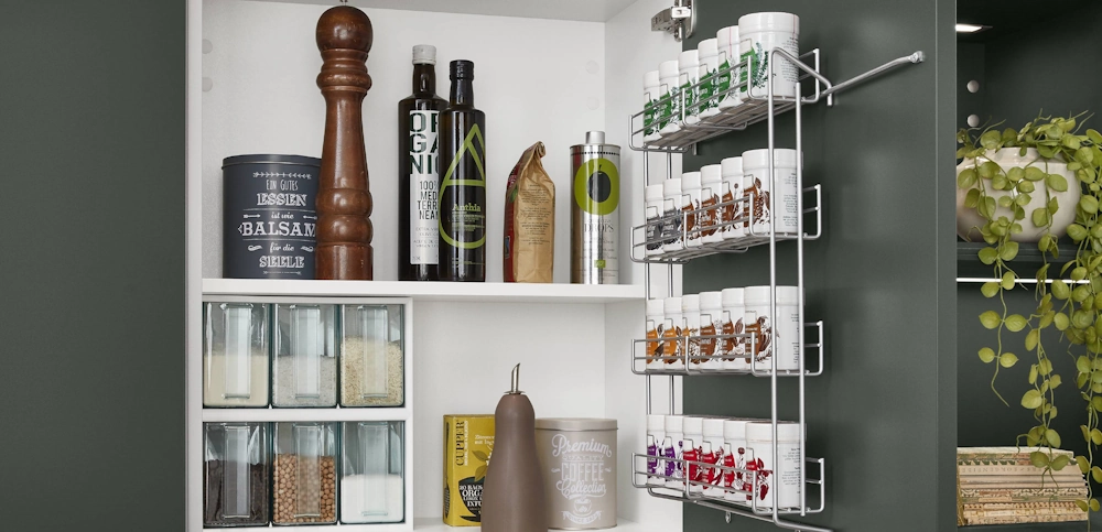 Open wall cabinet with an element attached to the cabinet door Open wall cabinet with an element attached to the cabinet door