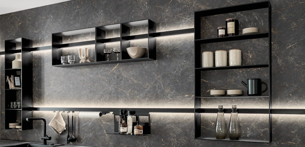 Black wall shelves with lighting and decoration Black wall shelves with lighting and decoration